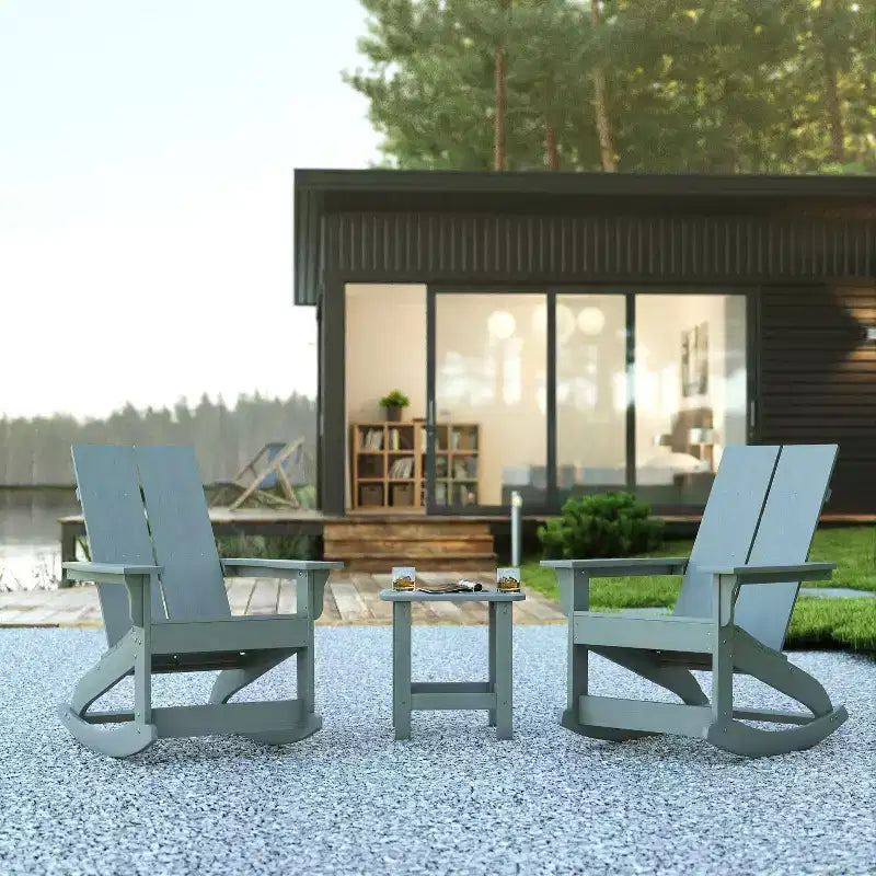 Flash Furniture Set of 2 Finn Modern Commercial Grade All-Weather 2-Slat Poly Resin Rocking Adirondack Chairs with Side Table