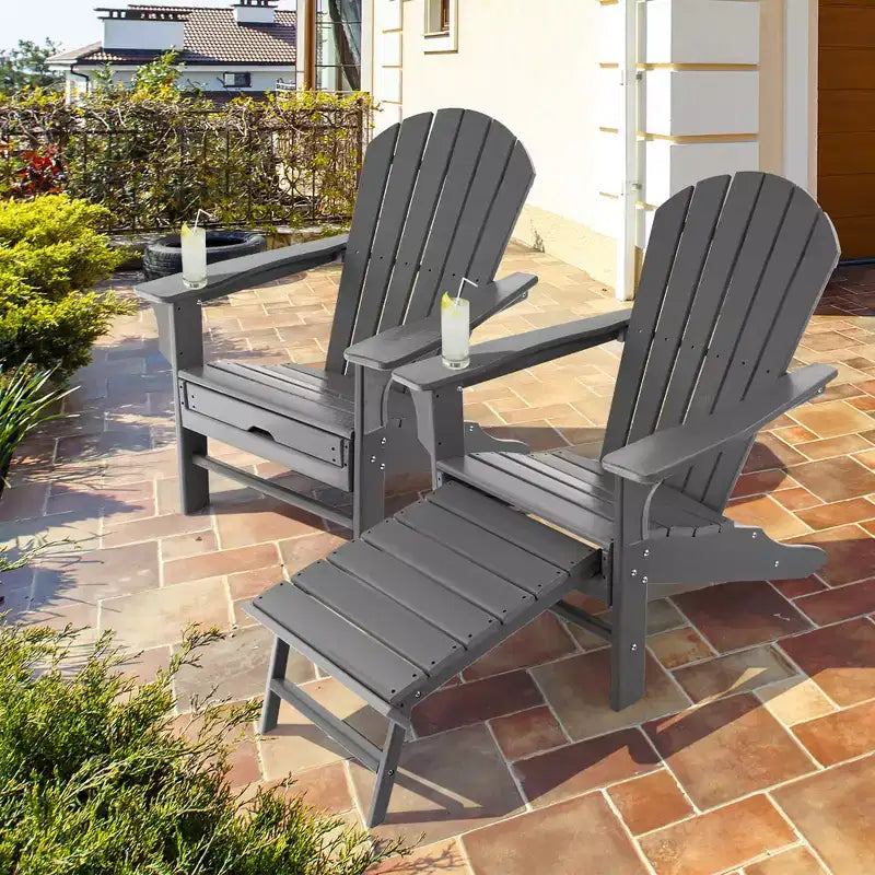 Costway 2 PCS Outdoor Patio HDPE Adirondack Chair Beach Seat Retractable Ottoman White\Black\Coffee\Grey\Turquoise