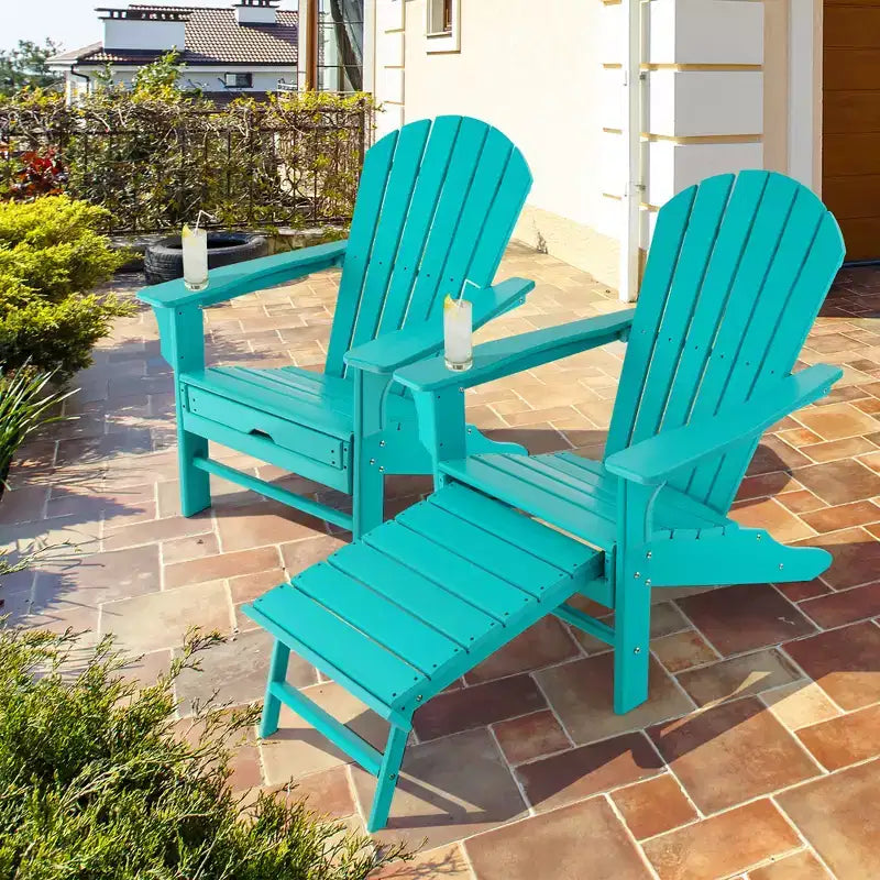 Costway 2 PCS Outdoor Patio HDPE Adirondack Chair Beach Seat Retractable Ottoman White\Black\Coffee\Grey\Turquoise