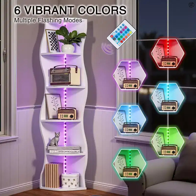 VECELO 5-Tier Wave Corner Shelf, Tall Vertical Storage Display Shelf for Small Spaces & Living Room, White