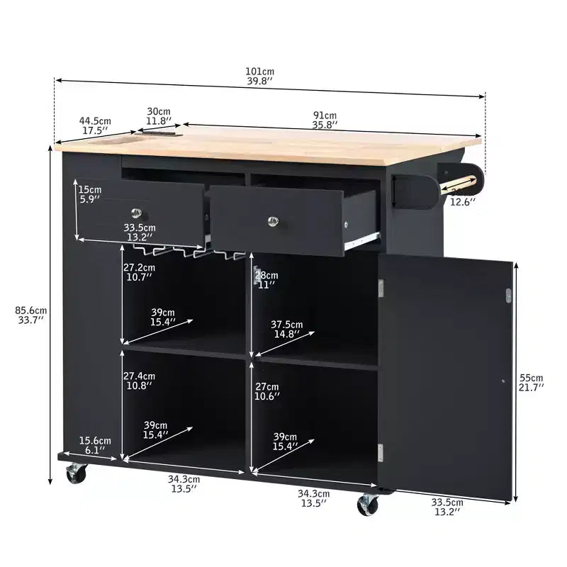 Movable Kitchen Island with Power Outlet, Drop Leaf and Rubber Wood Top