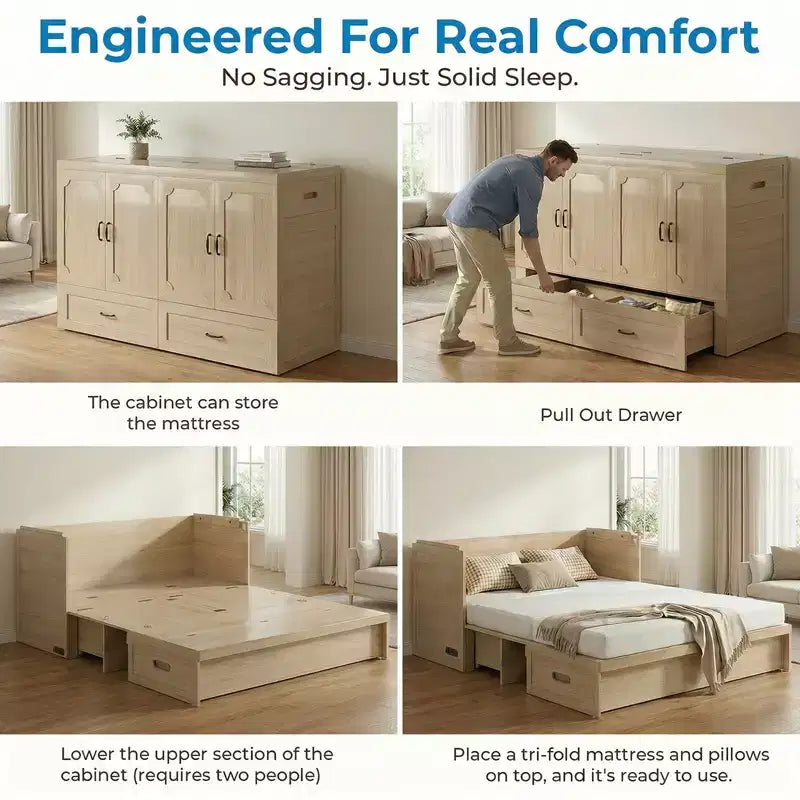 Mjkone Queen Size Convertible Murphy Cabinet Bed with Mattress, USB Charging, Storage Drawers