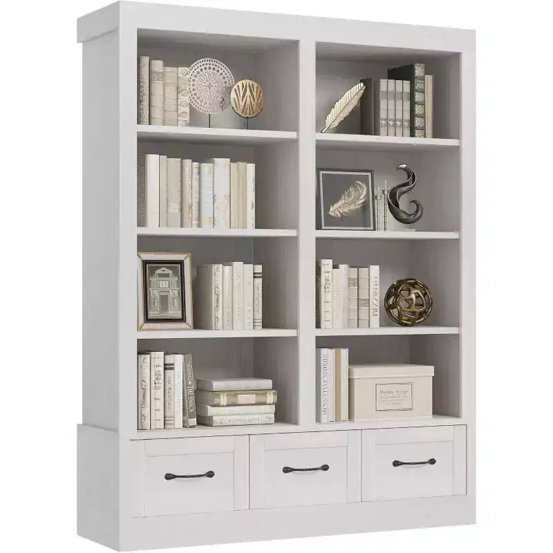 64 H Bookshelves and Bookcases, Bookshelf with 3 Storage Drawers4 Tier Double Wide Open Shelffor Office Living Room