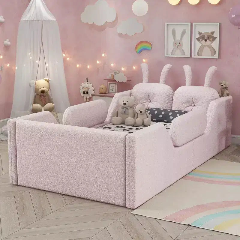 Lit plateforme double Whisen, cadre de lit rembourré pour enfants avec coussin lapin, barrières latérales amovibles