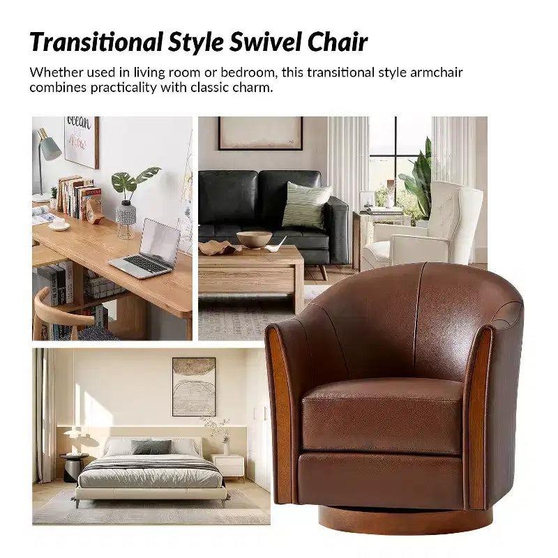 Pocono Transitional Genuine Leather Swivel Barrel Chair With Solid Wood Base Set of 2Artful Living Design