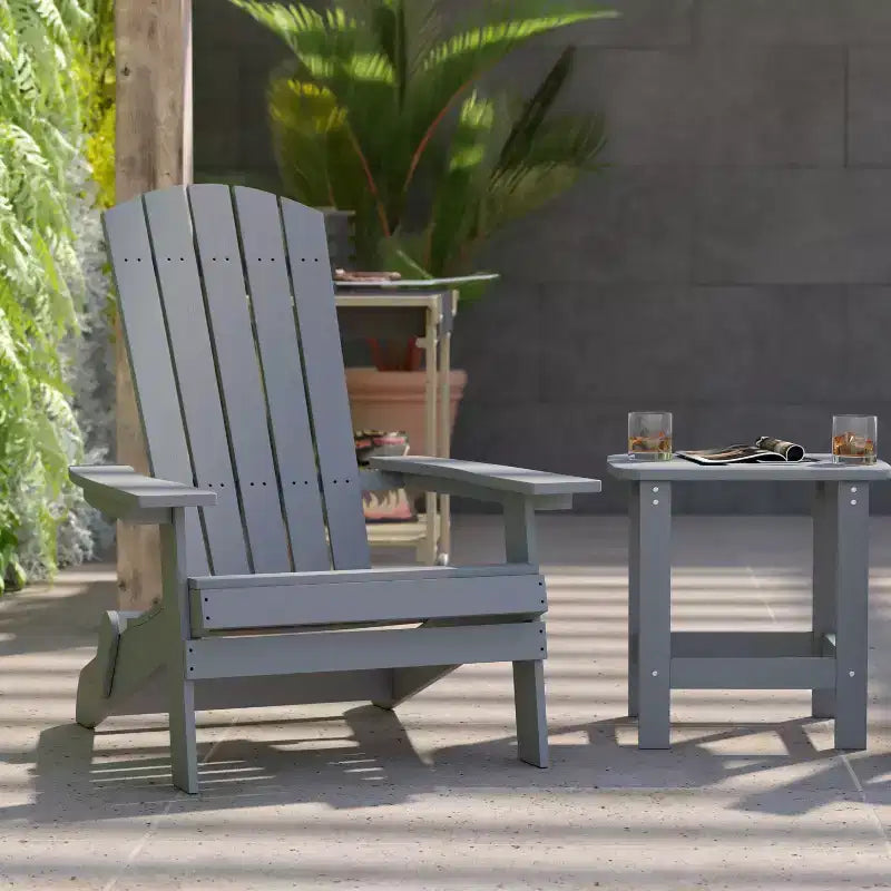 Emma and Oliver Set of 2 Indoor/Outdoor Folding Adirondack Chairs with Side Table