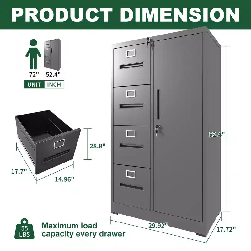 Metal Storage Vertical Filing Cabinet with Lock, Steel File Locker with 4 Drawers