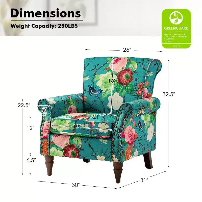 Araceli Traditional Wooden Upholstered Floral Armchair with Wingback and Nailhead Trim| ART OF LIVING DESIGNS