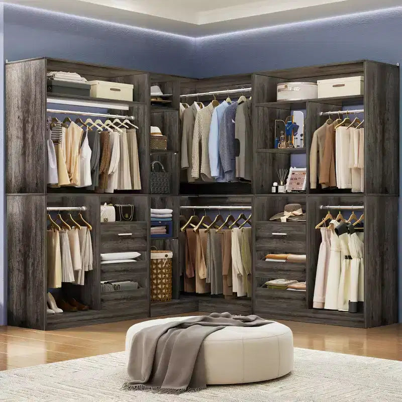 Besiost Set of 3 Corner Closet System with Tower Shelves and Drawers, Freestanding Closet Organizer with Hanging Rods