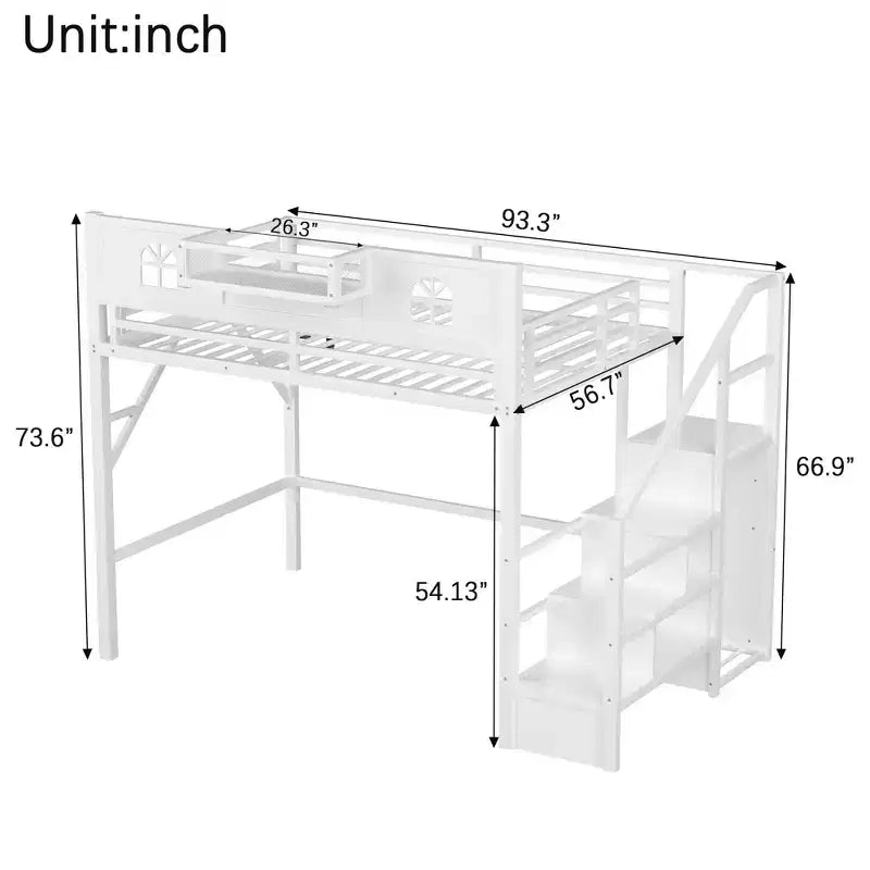 ModernLuxe Full/Queen Loft Bed with Stairs & Built-in Wardrobe, Metal Bed Frame with LED Lights, USB Charging Station & Storage Shelves