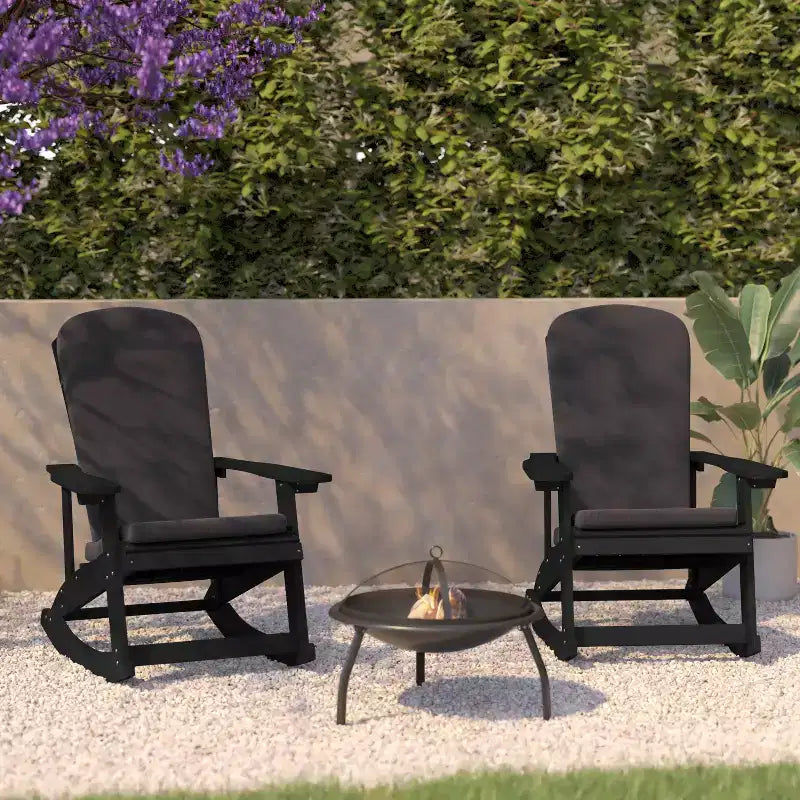 Flash Furniture Savannah Set of 2 All-Weather Poly Resin Wood Adirondack Rocking Chairs with Cushions for Deck, Porch, and Patio