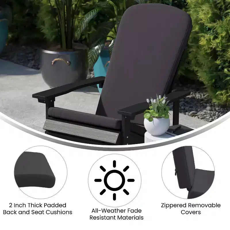 Flash Furniture Savannah Set of 2 All-Weather Poly Resin Wood Adirondack Rocking Chairs with Cushions for Deck, Porch, and Patio