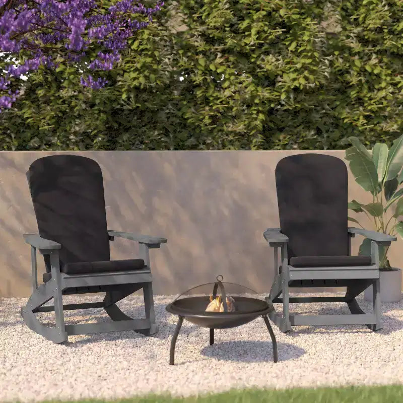 Flash Furniture Savannah Set of 2 All-Weather Poly Resin Wood Adirondack Rocking Chairs with Cushions for Deck, Porch, and Patio
