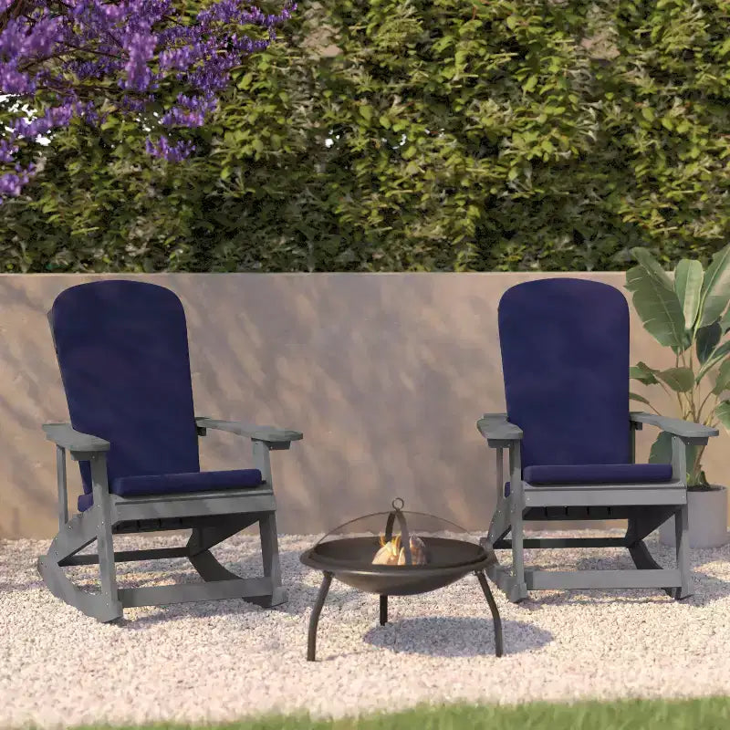 Flash Furniture Savannah Set of 2 All-Weather Poly Resin Wood Adirondack Rocking Chairs with Cushions for Deck, Porch, and Patio