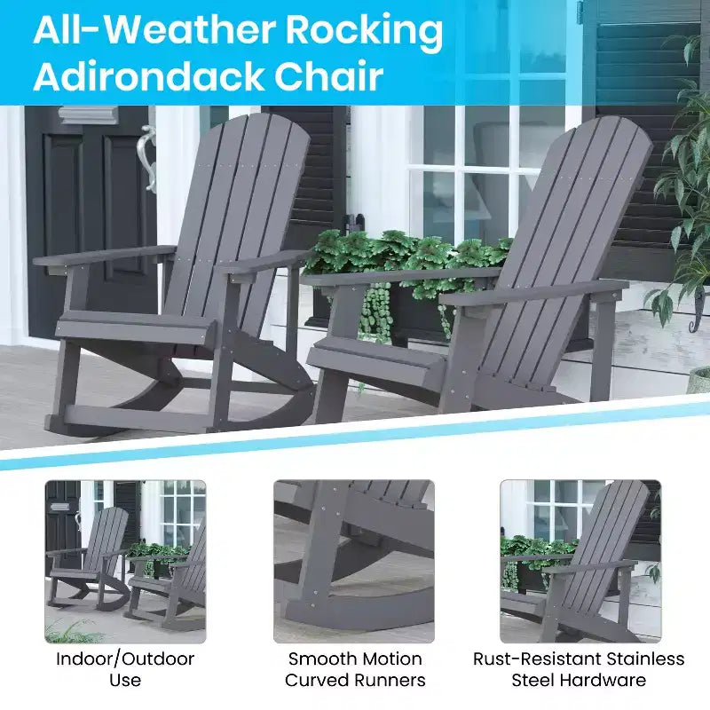Flash Furniture Savannah Set of 2 All-Weather Poly Resin Wood Adirondack Rocking Chairs with Cushions for Deck, Porch, and Patio