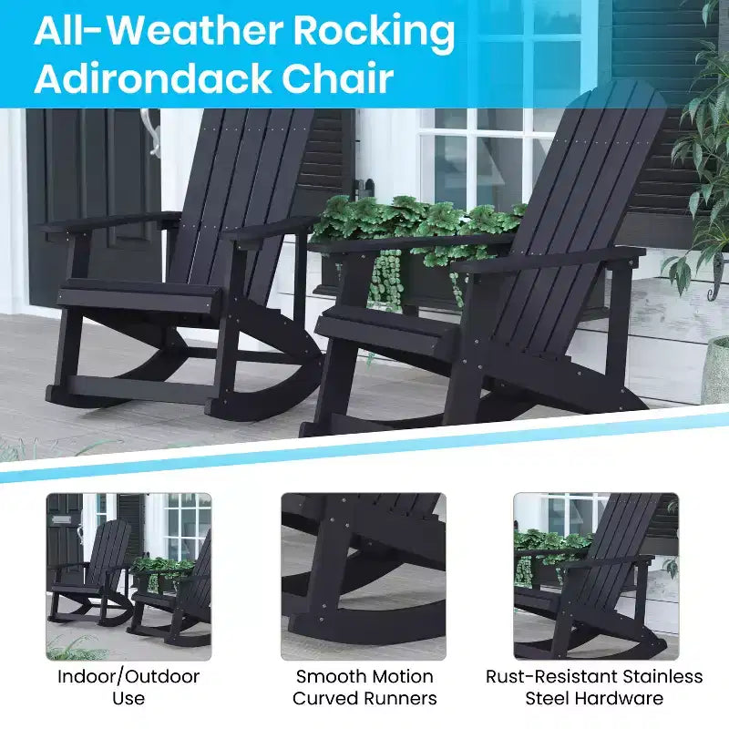 Flash Furniture Savannah Set of 2 All-Weather Poly Resin Wood Adirondack Rocking Chairs with Cushions for Deck, Porch, and Patio