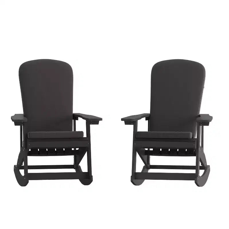 Flash Furniture Savannah Set of 2 All-Weather Poly Resin Wood Adirondack Rocking Chairs with Cushions for Deck, Porch, and Patio