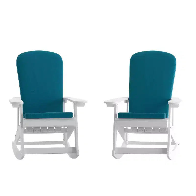 Flash Furniture Savannah Set of 2 All-Weather Poly Resin Wood Adirondack Rocking Chairs with Cushions for Deck, Porch, and Patio