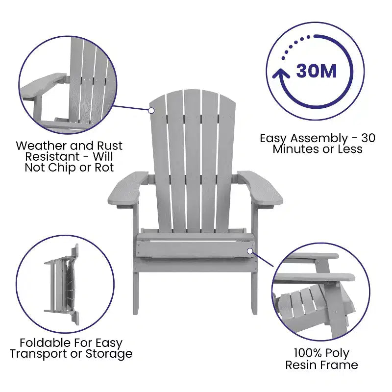 Flash Furniture Charlestown Set of 2 All-Weather Poly Resin Indoor/Outdoor Folding Adirondack Chairs with Cushions for Deck, Porch, and Patio