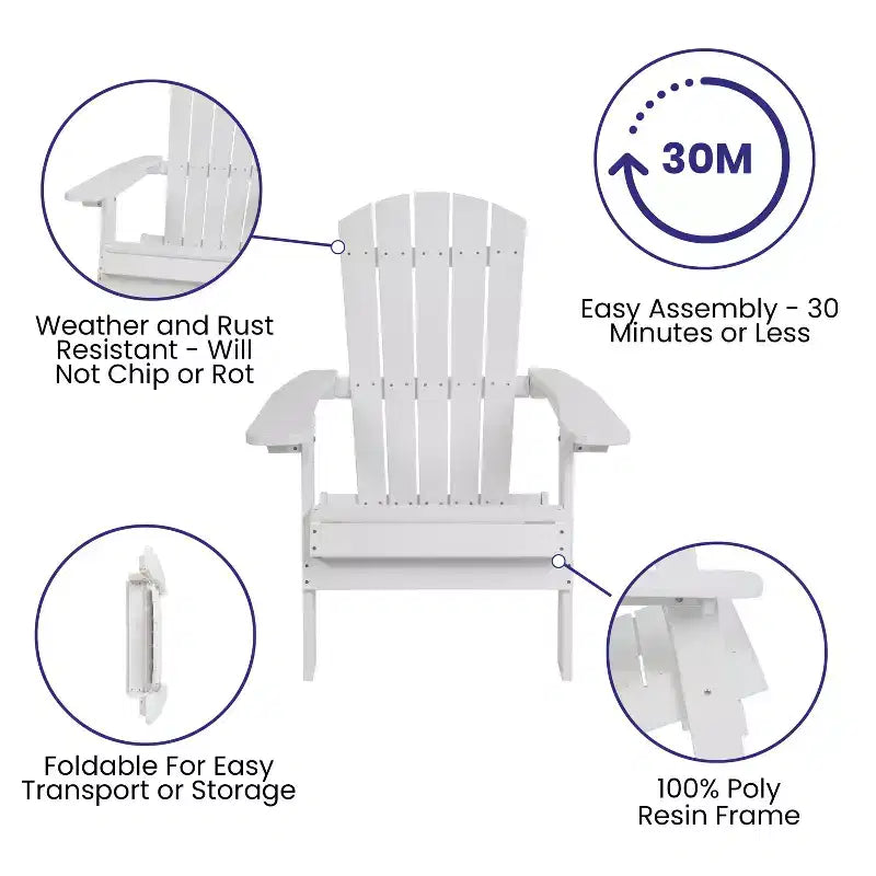 Flash Furniture Charlestown Set of 2 All-Weather Poly Resin Indoor/Outdoor Folding Adirondack Chairs with Cushions for Deck, Porch, and Patio