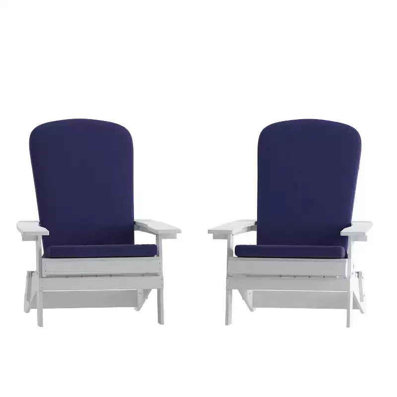 Flash Furniture Charlestown Set of 2 All-Weather Poly Resin Indoor/Outdoor Folding Adirondack Chairs with Cushions for Deck, Porch, and Patio