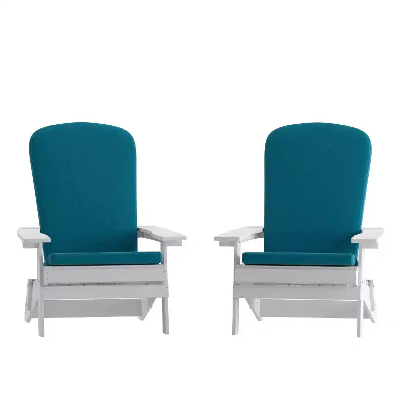Flash Furniture Charlestown Set of 2 All-Weather Poly Resin Indoor/Outdoor Folding Adirondack Chairs with Cushions for Deck, Porch, and Patio
