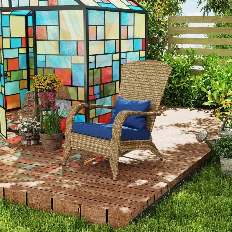 Outsunny Patio Adirondack Chair with All-Weather Rattan Wicker, Soft Cushions, Tall Curved Backrest for Deck or Garden