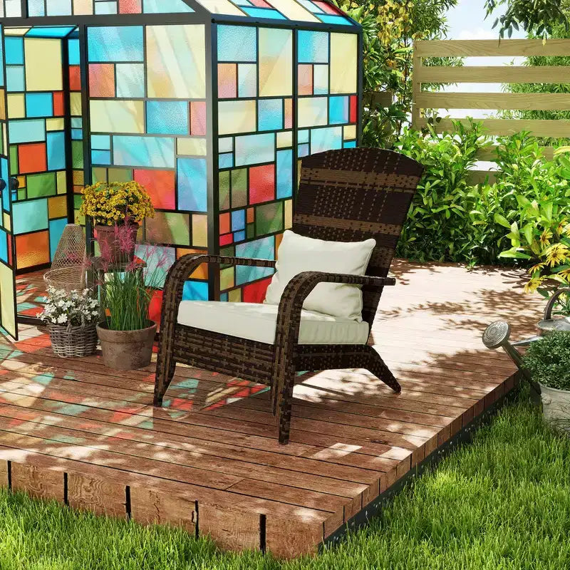 Outsunny Patio Adirondack Chair with All-Weather Rattan Wicker, Soft Cushions, Tall Curved Backrest for Deck or Garden