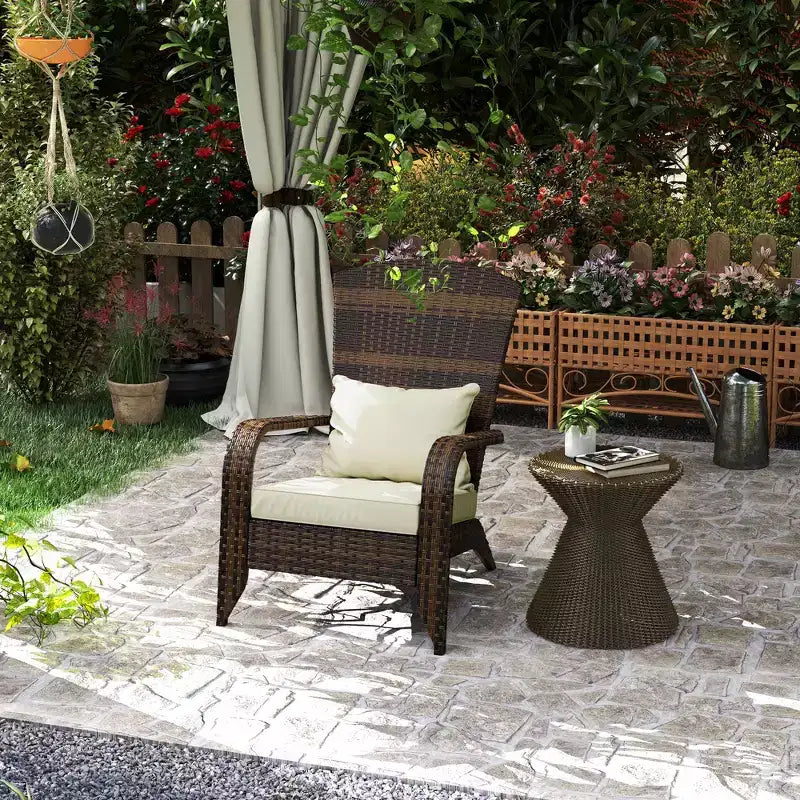 Outsunny Patio Adirondack Chair with All-Weather Rattan Wicker, Soft Cushions, Tall Curved Backrest for Deck or Garden