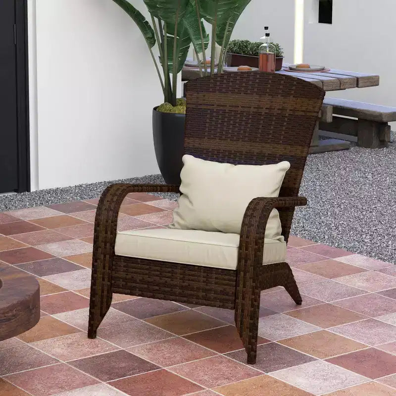 Outsunny Patio Adirondack Chair with All-Weather Rattan Wicker, Soft Cushions, Tall Curved Backrest for Deck or Garden