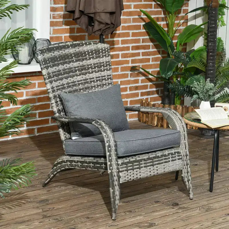 Outsunny Patio Adirondack Chair with All-Weather Rattan Wicker, Soft Cushions, Tall Curved Backrest for Deck or Garden