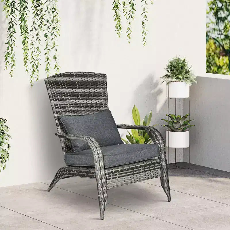 Outsunny Patio Adirondack Chair with All-Weather Rattan Wicker, Soft Cushions, Tall Curved Backrest for Deck or Garden