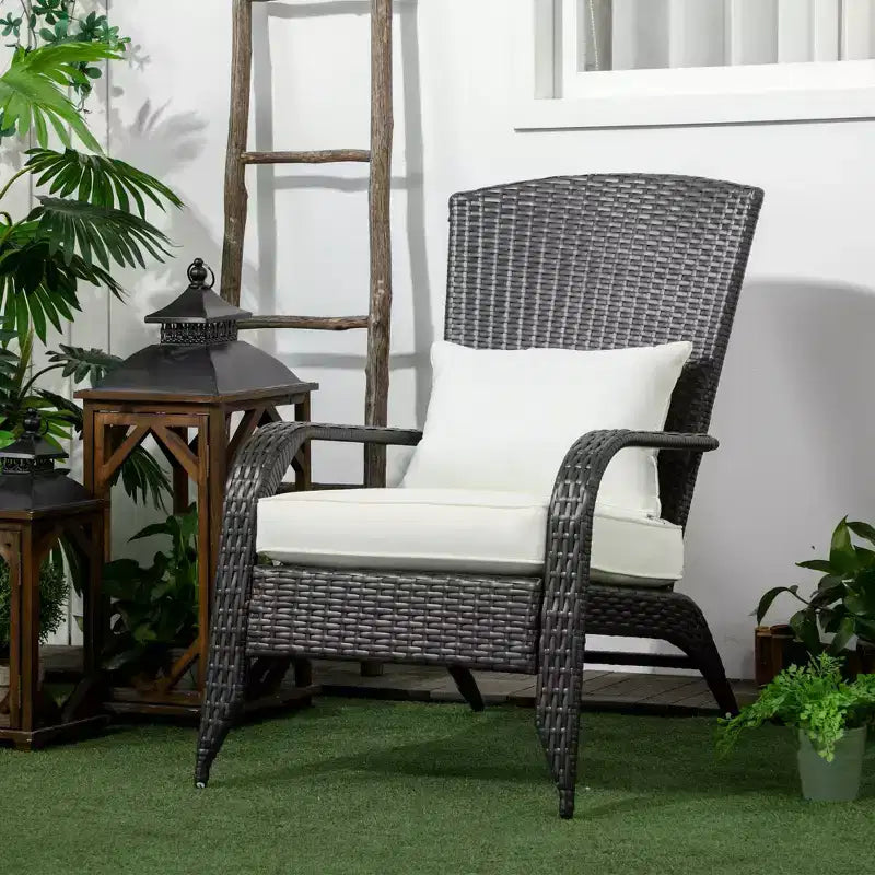 Outsunny Patio Adirondack Chair with All-Weather Rattan Wicker, Soft Cushions, Tall Curved Backrest for Deck or Garden