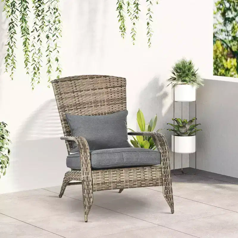 Outsunny Patio Adirondack Chair with All-Weather Rattan Wicker, Soft Cushions, Tall Curved Backrest for Deck or Garden