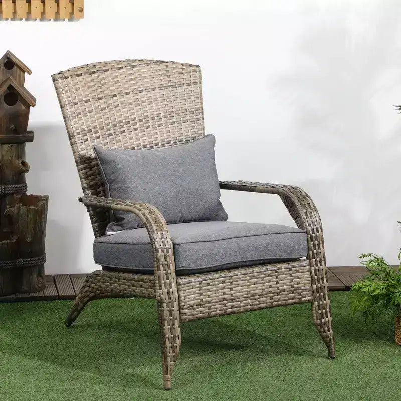 Outsunny Patio Adirondack Chair with All-Weather Rattan Wicker, Soft Cushions, Tall Curved Backrest for Deck or Garden