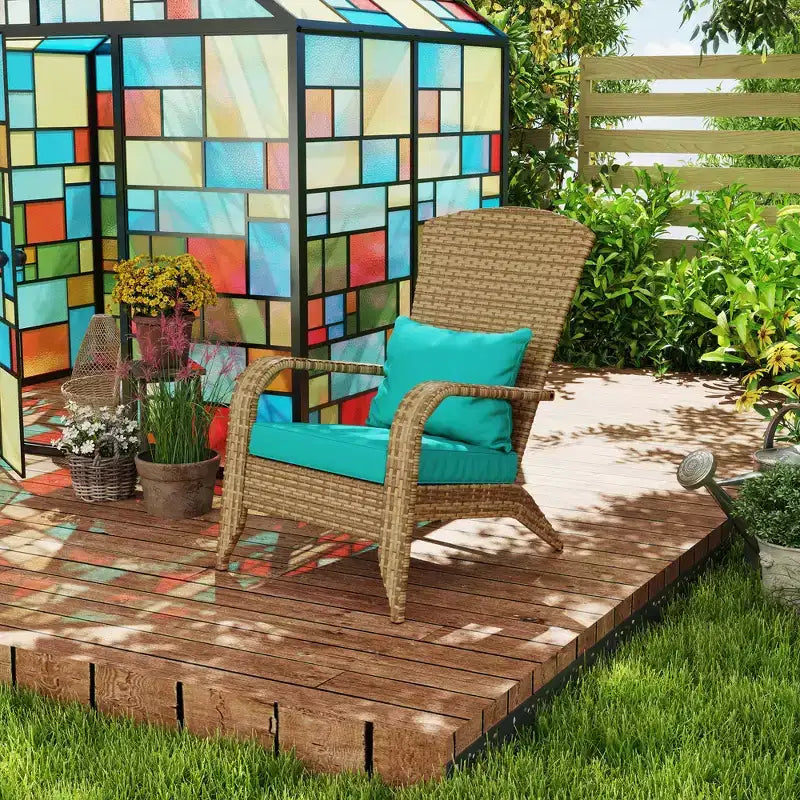 Outsunny Patio Adirondack Chair with All-Weather Rattan Wicker, Soft Cushions, Tall Curved Backrest for Deck or Garden