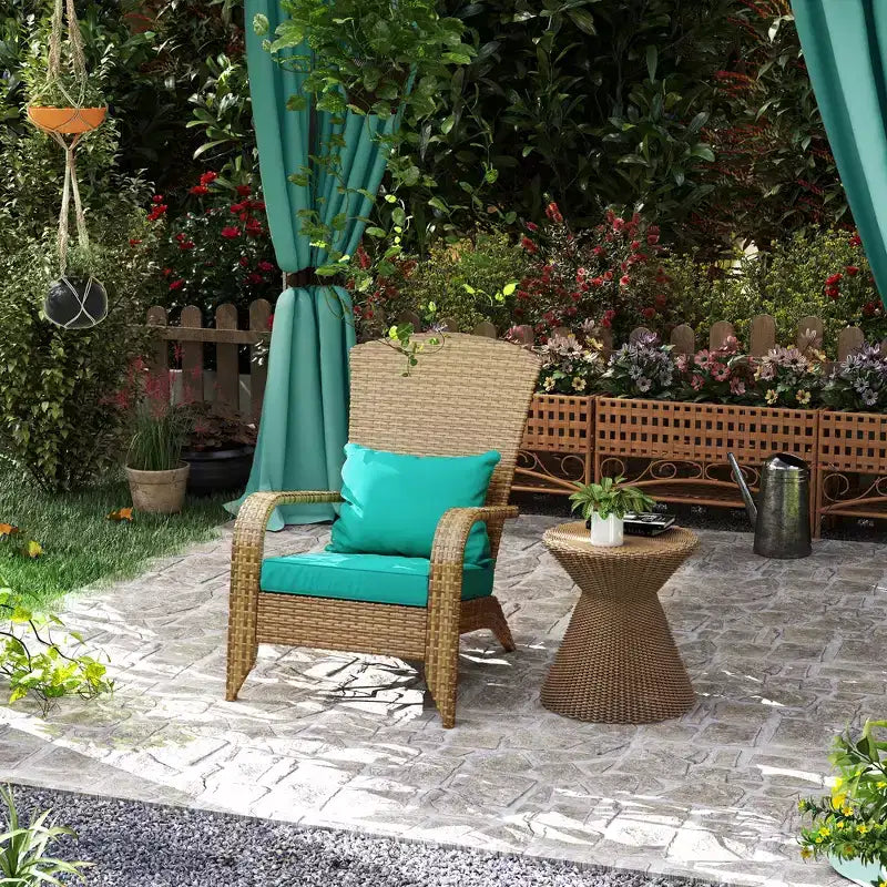 Outsunny Patio Adirondack Chair with All-Weather Rattan Wicker, Soft Cushions, Tall Curved Backrest for Deck or Garden
