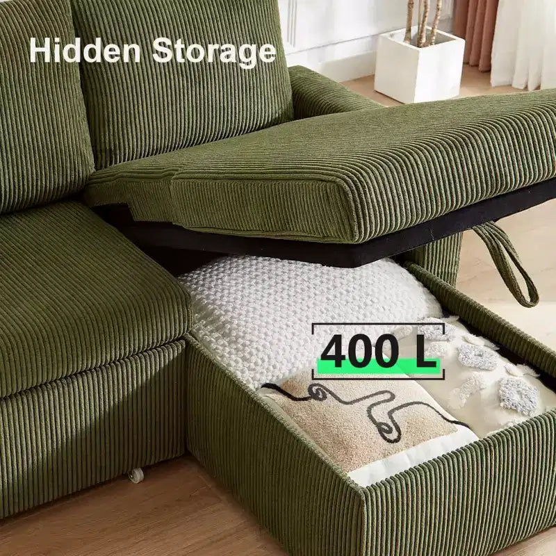 Dyonery 2 in 1 Pull Out Sleeper Sofa with Storage Chaise C Corduroy Sectional Couch with USB Ports for Living Room