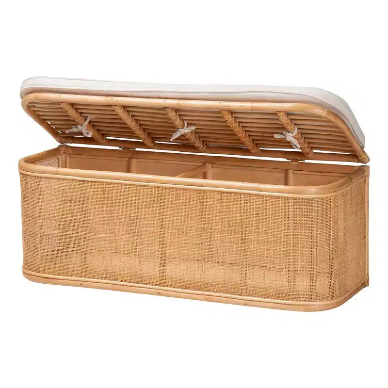 bali & pari Ishana Natural Rattan Storage Bench Natural/White: Upholstered Polyester, Plywood Frame, No Assembly Required