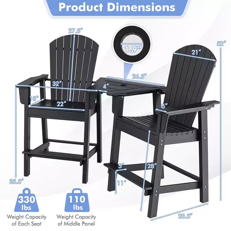 Costway 2pcs HDPE Tall Adirondack Chair Barstools Connecting Tray Patio Footrest