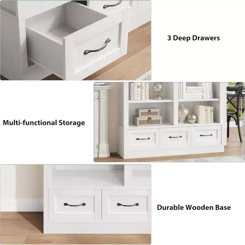 Bibliothèque et étagères de 64 H, étagère avec 3 tiroirs de rangement, étagère ouverte à 4 niveaux double largeur pour bureau salon