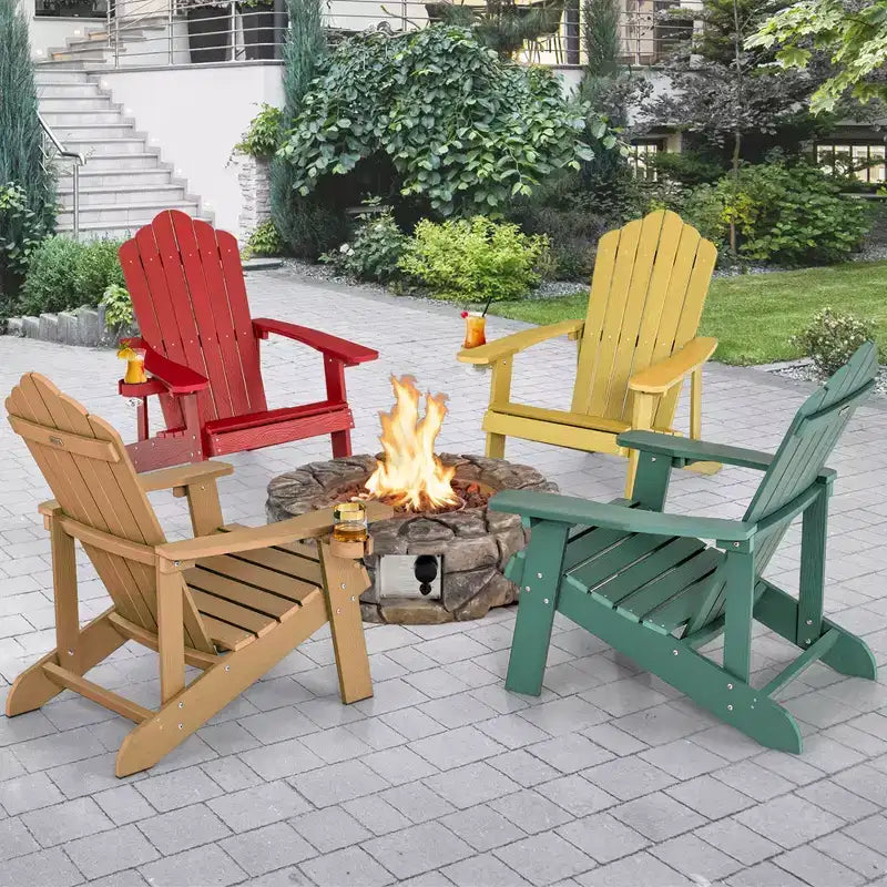 Costway Patio HIPS Adirondack Chair with Cup Holder Weather Resistant Outdoor 380 LBS Black/Teak/Green/Navy/Red/Gray/White/Yellow