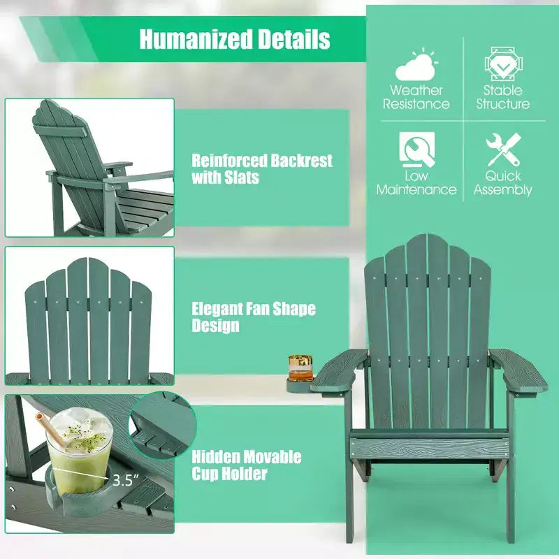 Costway Patio HIPS Adirondack Chair with Cup Holder Weather Resistant Outdoor 380 LBS Black/Teak/Green/Navy/Red/Gray/White/Yellow