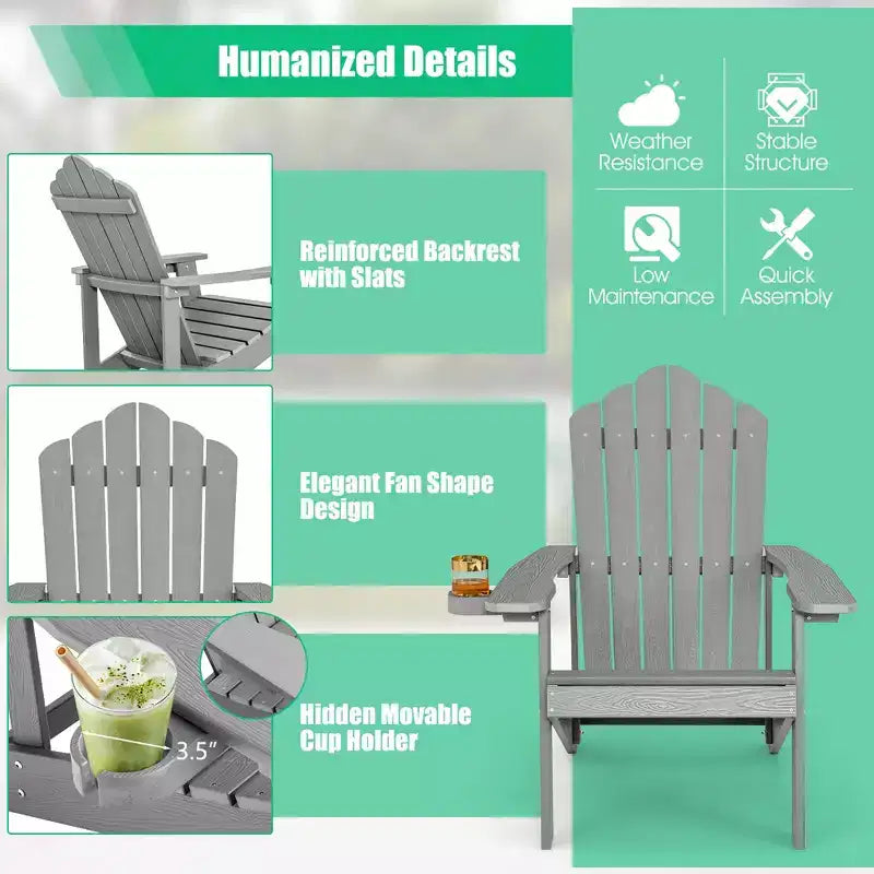 Costway Patio HIPS Adirondack Chair with Cup Holder Weather Resistant Outdoor 380 LBS Black/Teak/Green/Navy/Red/Gray/White/Yellow