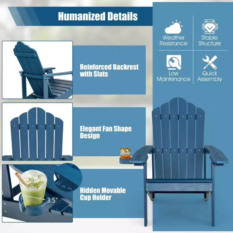 Costway Patio HIPS Adirondack Chair with Cup Holder Weather Resistant Outdoor 380 LBS Black/Teak/Green/Navy/Red/Gray/White/Yellow