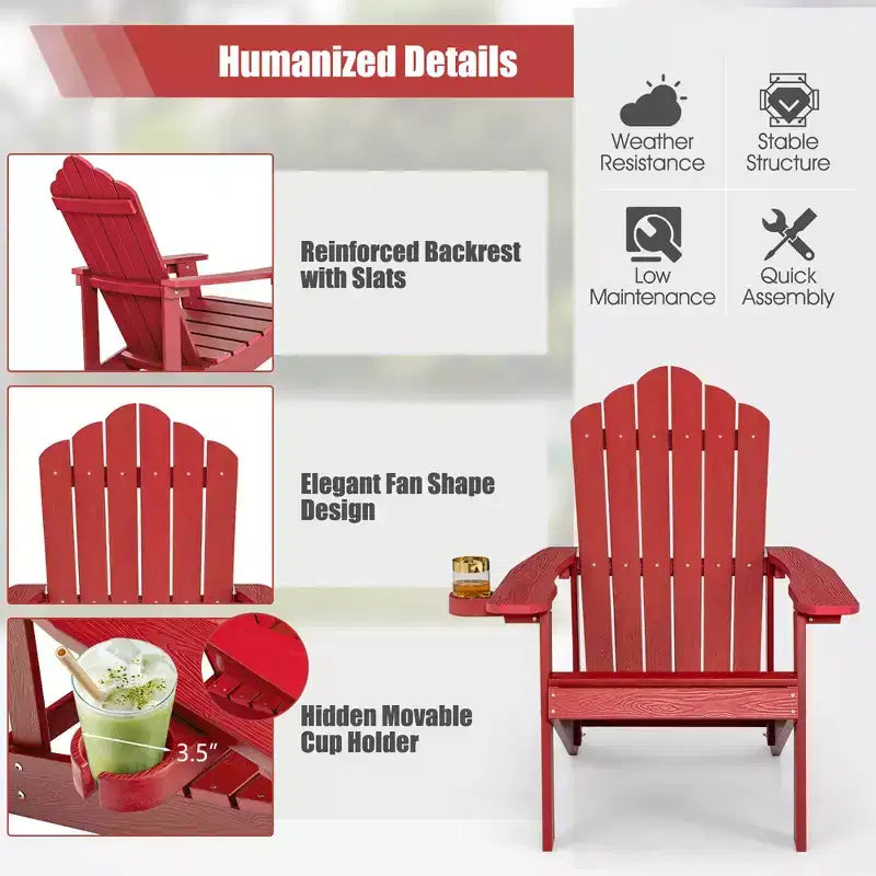 Costway Patio HIPS Adirondack Chair with Cup Holder Weather Resistant Outdoor 380 LBS Black/Teak/Green/Navy/Red/Gray/White/Yellow