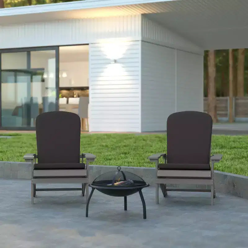 Emma and Oliver Set of Two All-Weather Polyresin Adirondack Chairs with Cushions