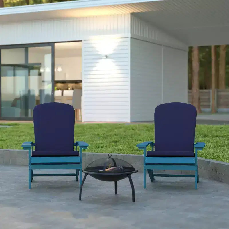 Emma and Oliver Set of Two All-Weather Polyresin Adirondack Chairs with Cushions