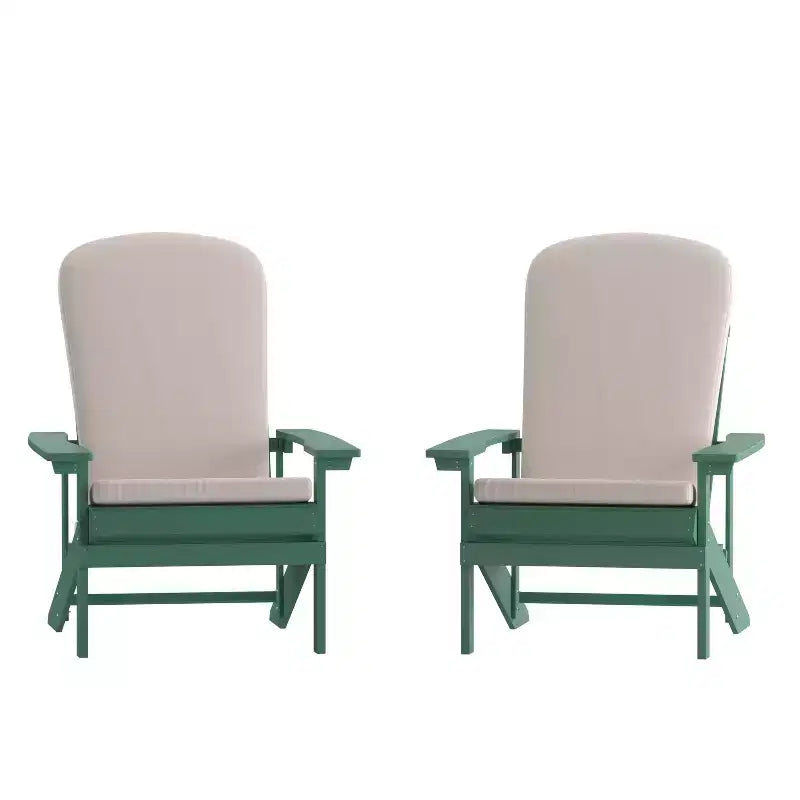 Emma and Oliver Set of Two All-Weather Polyresin Adirondack Chairs with Cushions