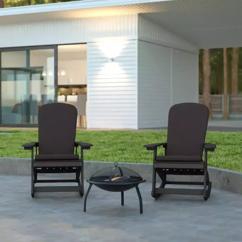 Emma and Oliver Set of 2 All-Weather Poly Resin Adirondack Rocking Chairs with Cushions